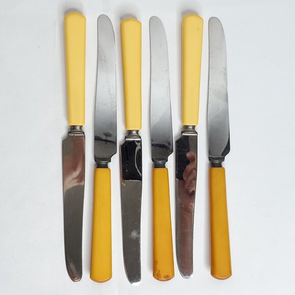 Vintage Steak Knife Set Bakelite Handles Yellow Butterscotch Stainless Steel - Picture 5 of 7